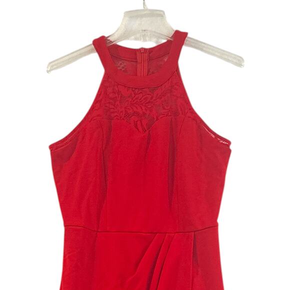 Red Lace Halter Midi Dress BBonfinedress Ruched Tulip Hem Cocktail Womens M NWOT - Picture 2 of 8